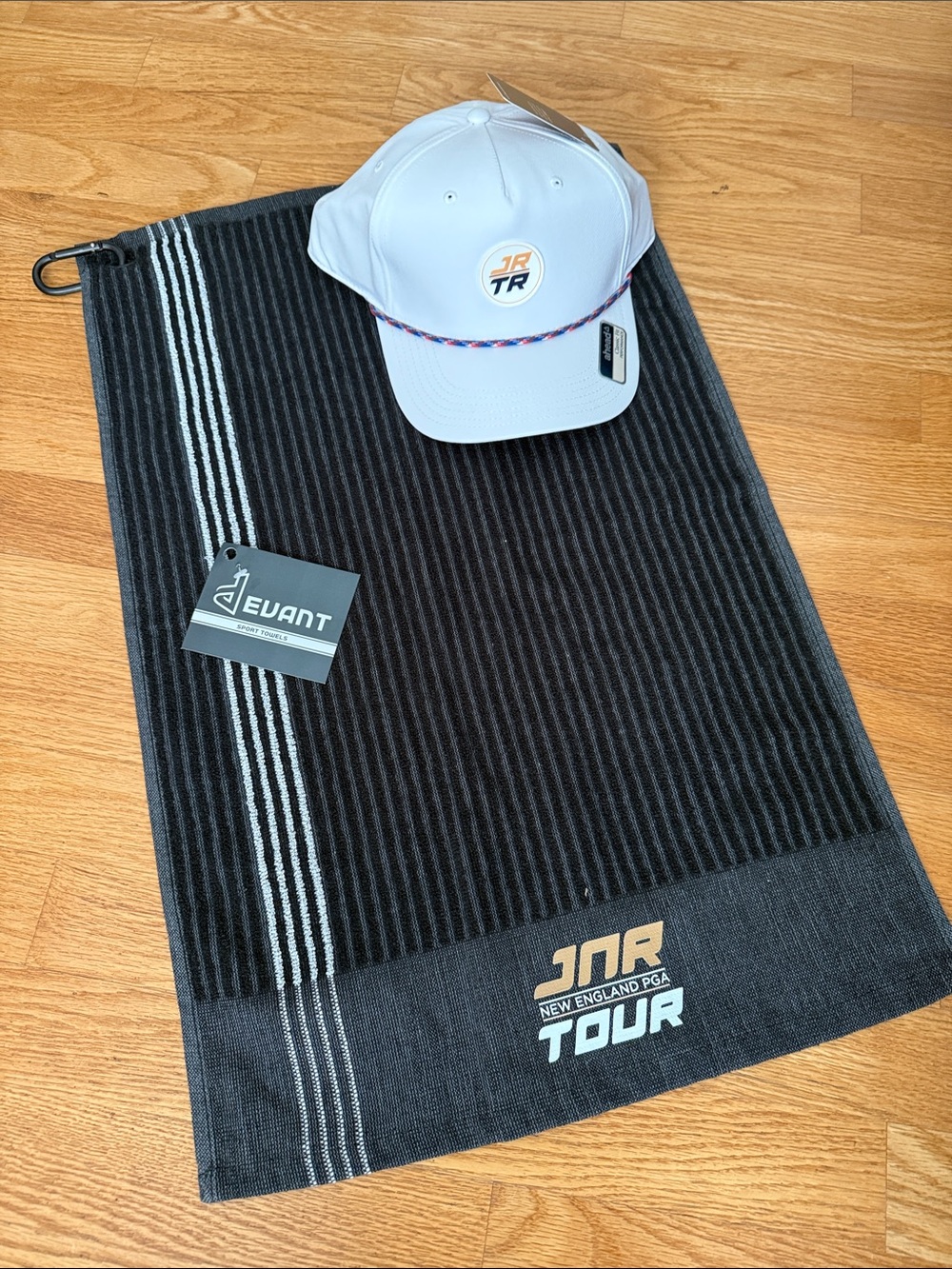Classic White Cap with Multicolor Rope Trim and black golf towel